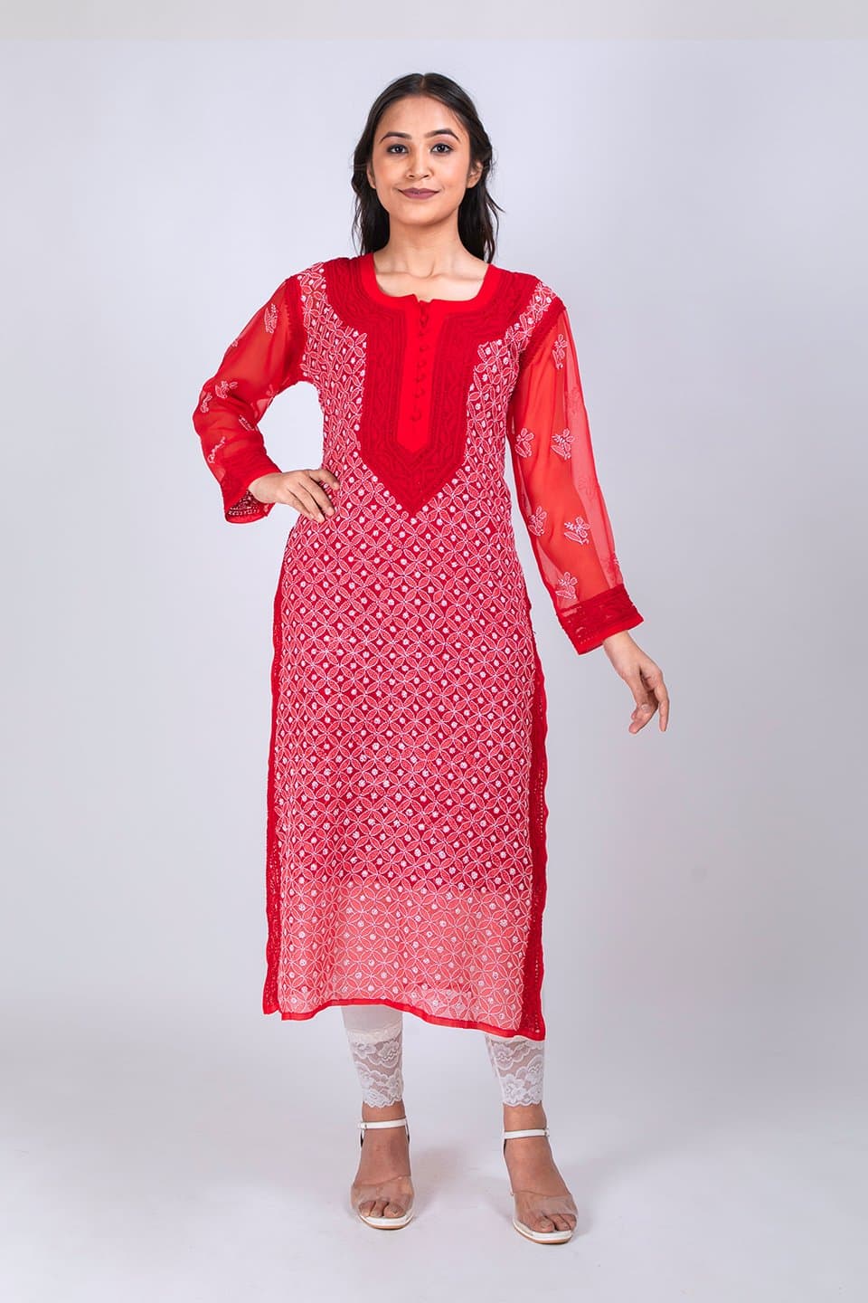 Red embroidered georgette chikankari-kurtis - Naaz - 3701551